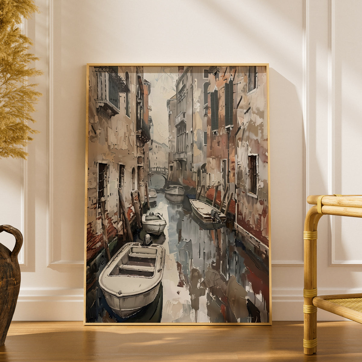 Venice Canal Poster, Vintage Italian Wall Art, Palette Knife Style Art Print, Neutral Living Room — styling mockup 1