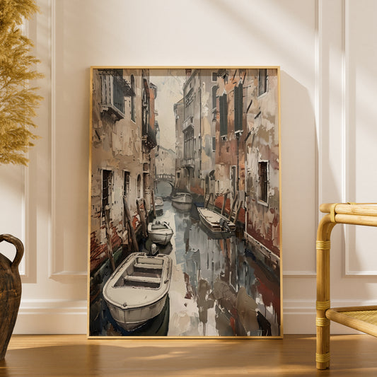 Venice Canal Poster, Vintage Italian Wall Art, Palette Knife Style Art Print, Neutral Living Room — styling mockup 1