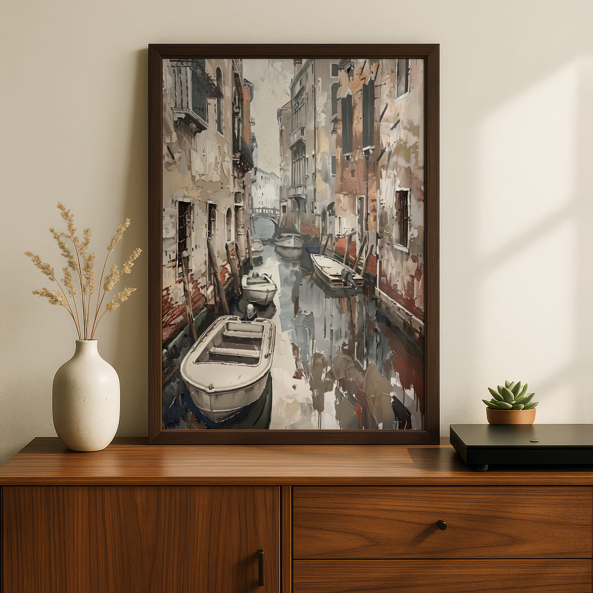 Venice Canal Poster, Vintage Italian Wall Art, Palette Knife Style Art Print, Neutral Living Room — styling mockup 2