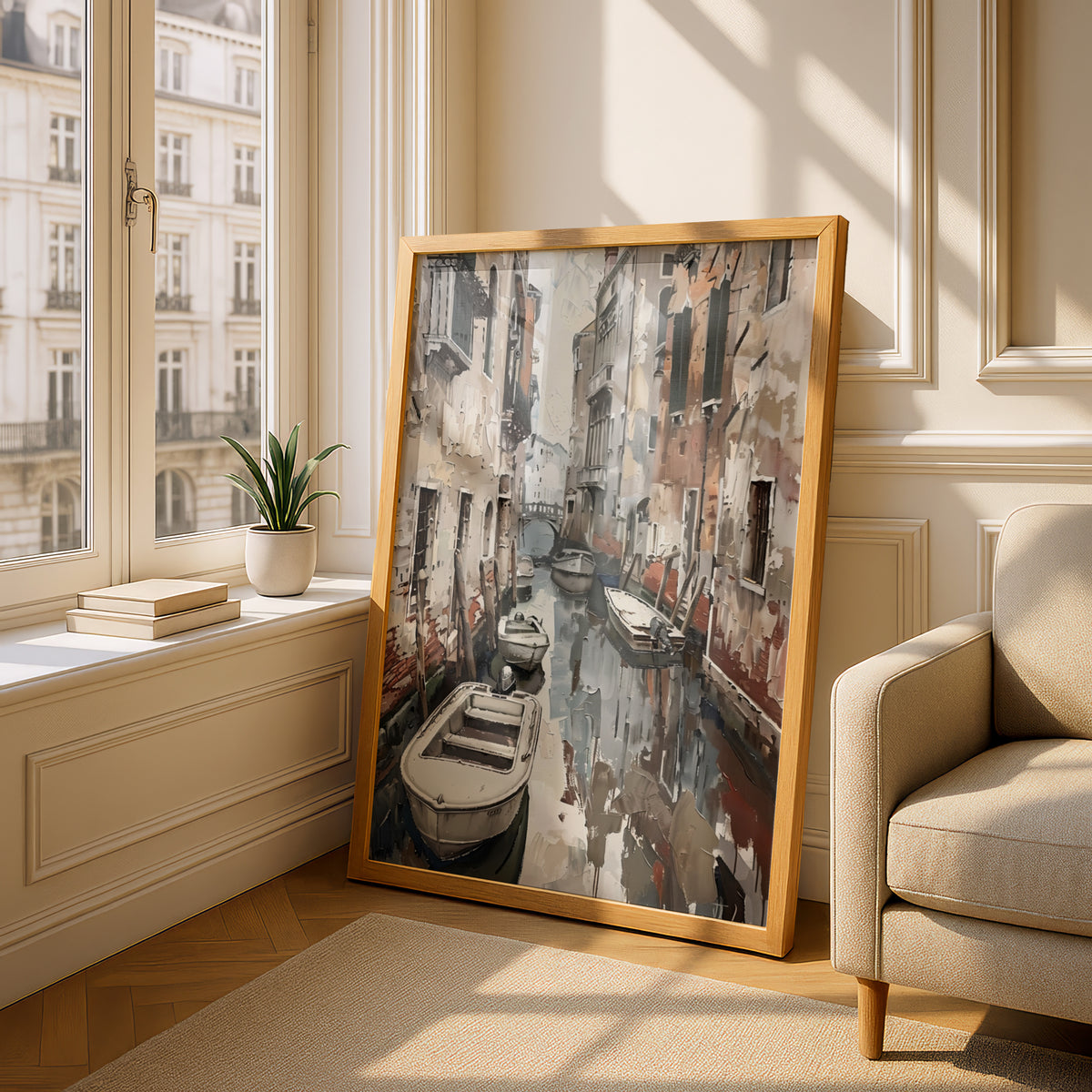 Venice Canal Poster, Vintage Italian Wall Art, Palette Knife Style Art Print, Neutral Living Room — styling mockup 4
