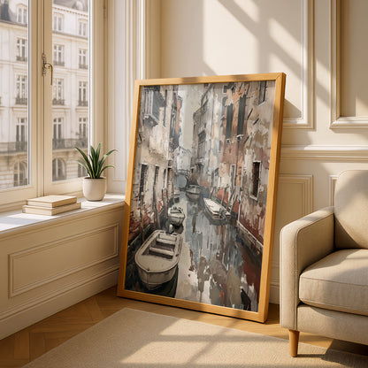 Venice Canal Poster, Vintage Italian Wall Art, Palette Knife Style Art Print, Neutral Living Room — styling mockup 4
