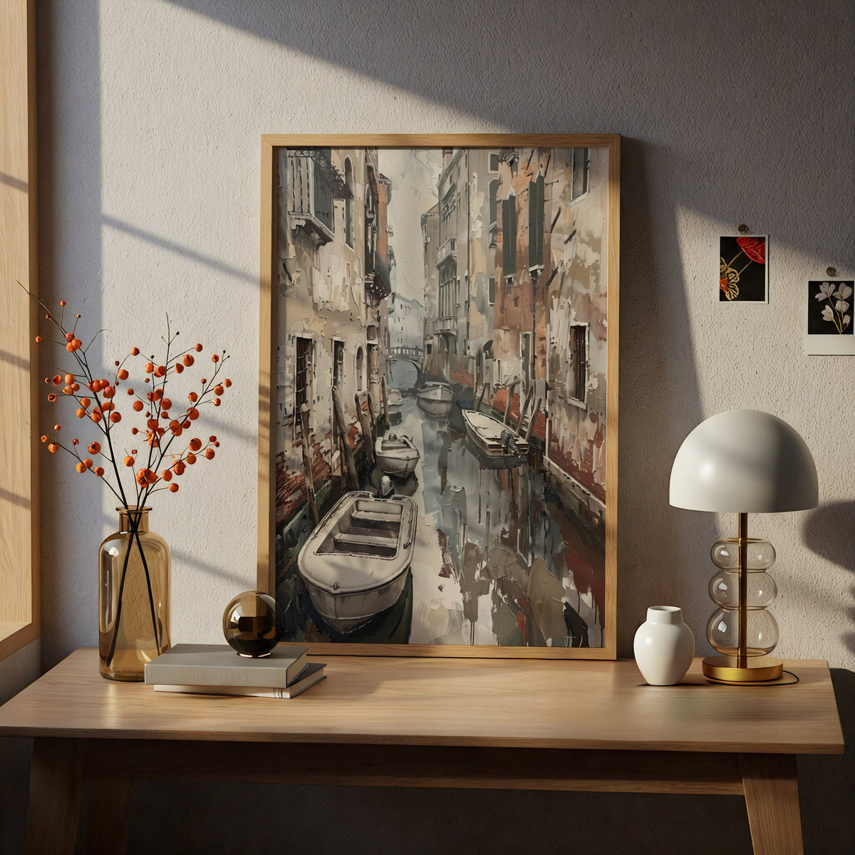 Venice Canal Poster, Vintage Italian Wall Art, Palette Knife Style Art Print, Neutral Living Room — styling mockup 5