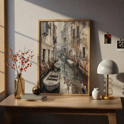 Venice Canal Poster, Vintage Italian Wall Art, Palette Knife Style Art Print, Neutral Living Room — styling mockup 5