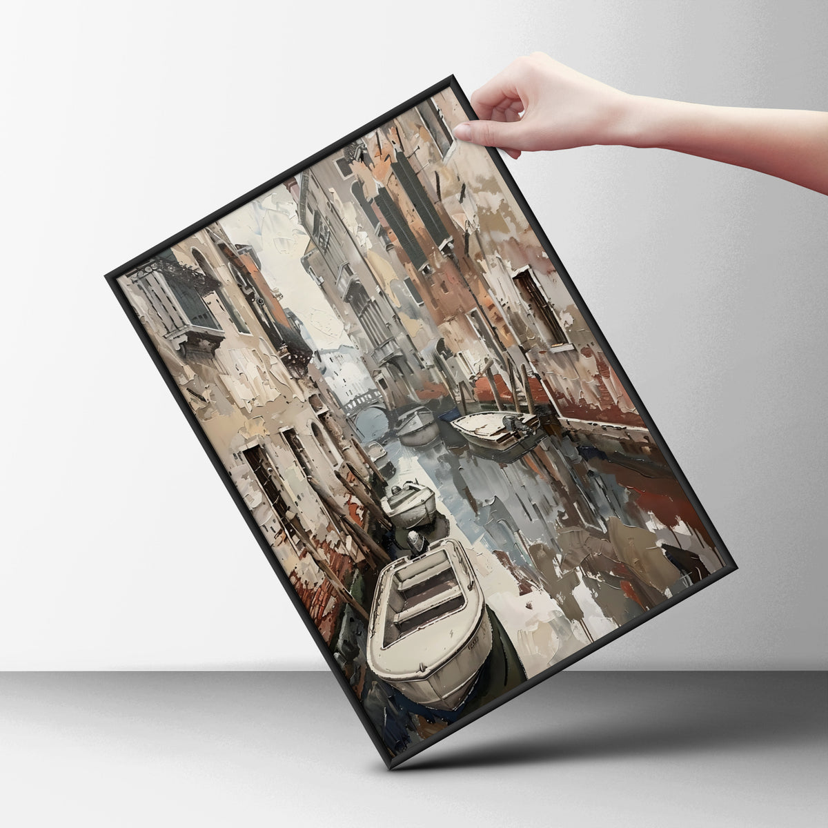 Venice Canal Poster, Vintage Italian Wall Art, Palette Knife Style Art Print, Neutral Living Room — styling mockup 6