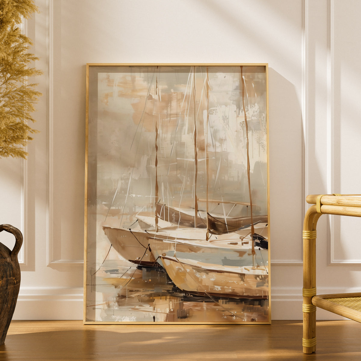 Abstract Sailboat Poster, Beige Coastal Wall Art, Harbour Painting Art Print, Neutral Boat Decor — styling mockup 1