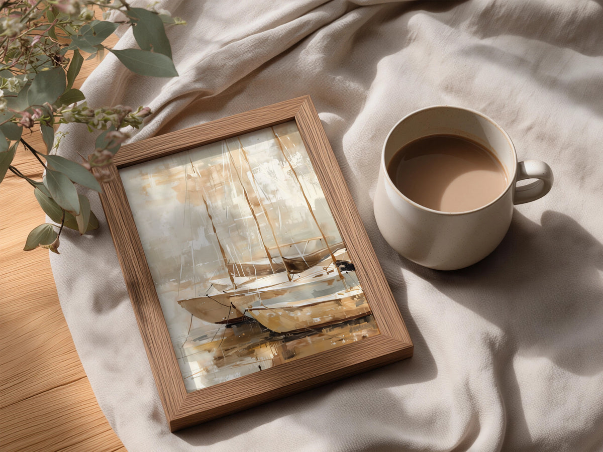 Abstract Sailboat Poster, Beige Coastal Wall Art, Harbour Painting Art Print, Neutral Boat Decor — styling mockup 3
