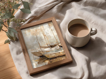 Abstract Sailboat Poster, Beige Coastal Wall Art, Harbour Painting Art Print, Neutral Boat Decor — styling mockup 3