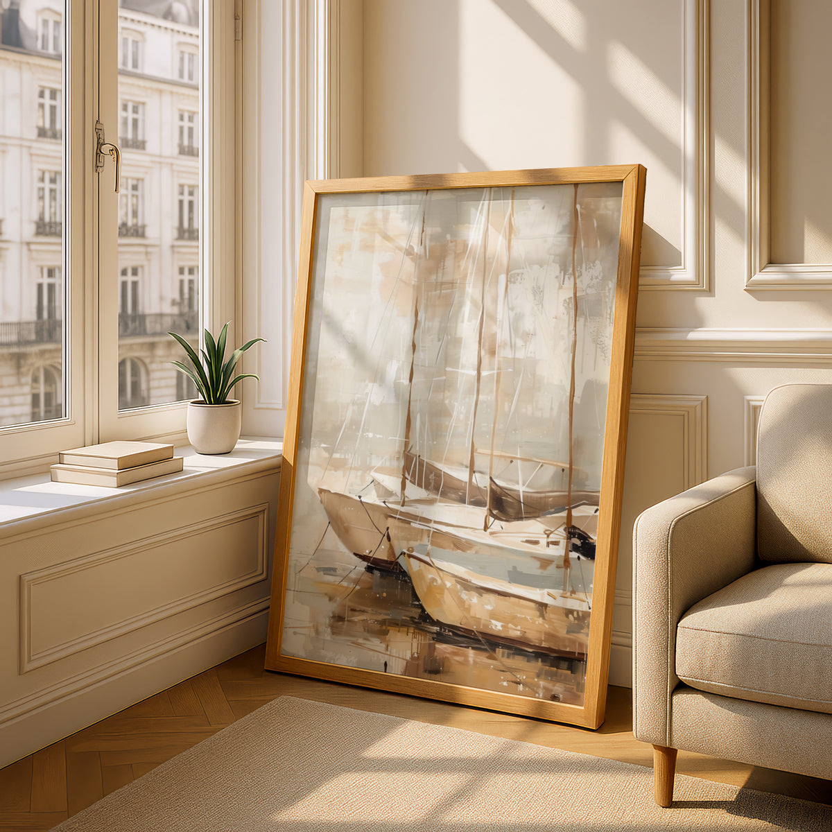 Abstract Sailboat Poster, Beige Coastal Wall Art, Harbour Painting Art Print, Neutral Boat Decor — styling mockup 4