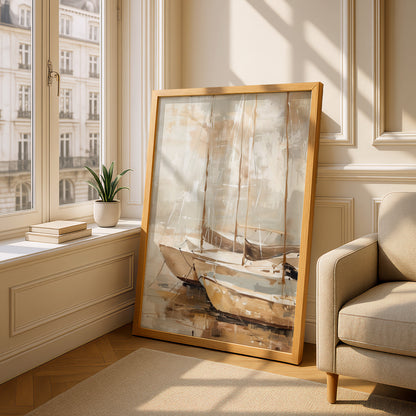 Abstract Sailboat Poster, Beige Coastal Wall Art, Harbour Painting Art Print, Neutral Boat Decor — styling mockup 4