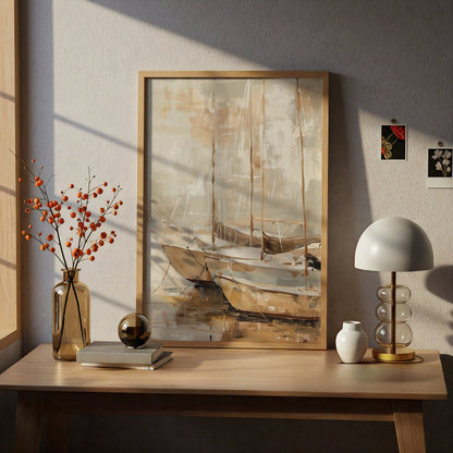 Abstract Sailboat Poster, Beige Coastal Wall Art, Harbour Painting Art Print, Neutral Boat Decor — styling mockup 5
