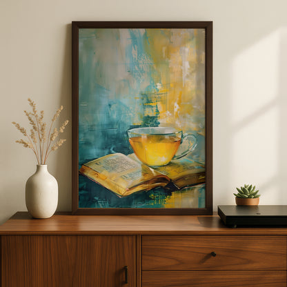 Tea and Book Still Life Wall Art, Teal Yellow Abstract Painting Print, Cosy Kitchen Reading Nook — styling mockup 2