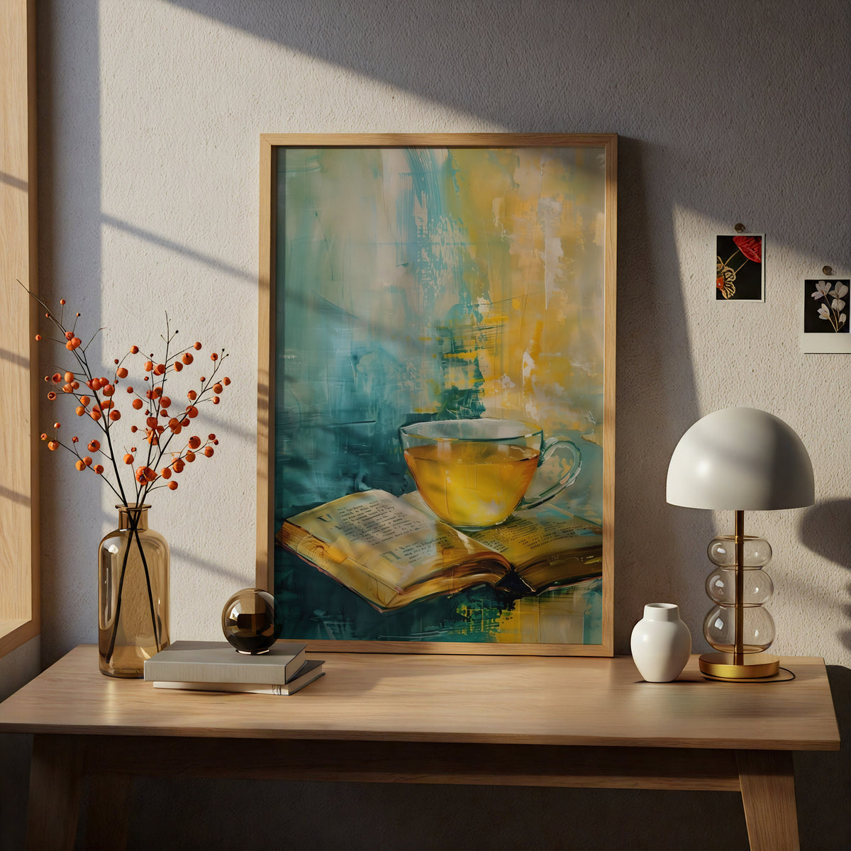 Tea and Book Still Life Wall Art, Teal Yellow Abstract Painting Print, Cosy Kitchen Reading Nook — styling mockup 5