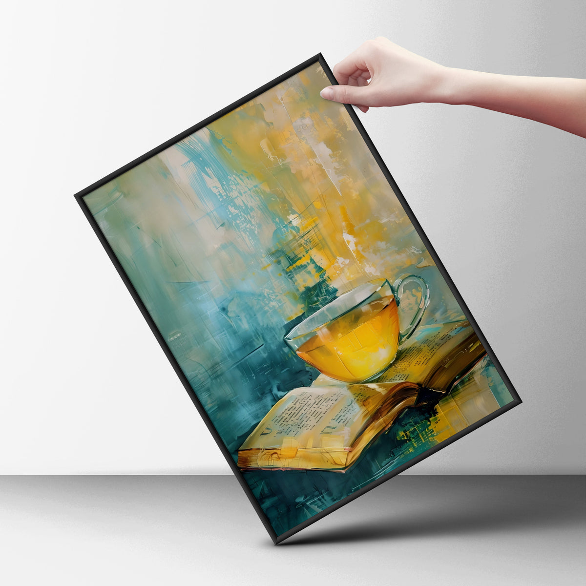 Tea and Book Still Life Wall Art, Teal Yellow Abstract Painting Print, Cosy Kitchen Reading Nook — styling mockup 6