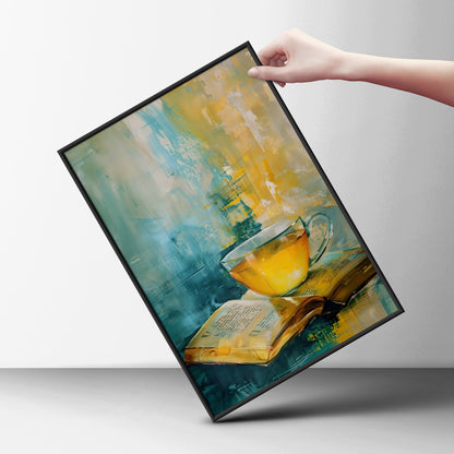 Tea and Book Still Life Wall Art, Teal Yellow Abstract Painting Print, Cosy Kitchen Reading Nook — styling mockup 6