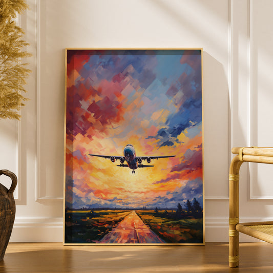 Airplane Sunset Poster, Aviation Wall Art, Colourful Oil Painting Print, Pilot Gift, Living Room — styling mockup 1