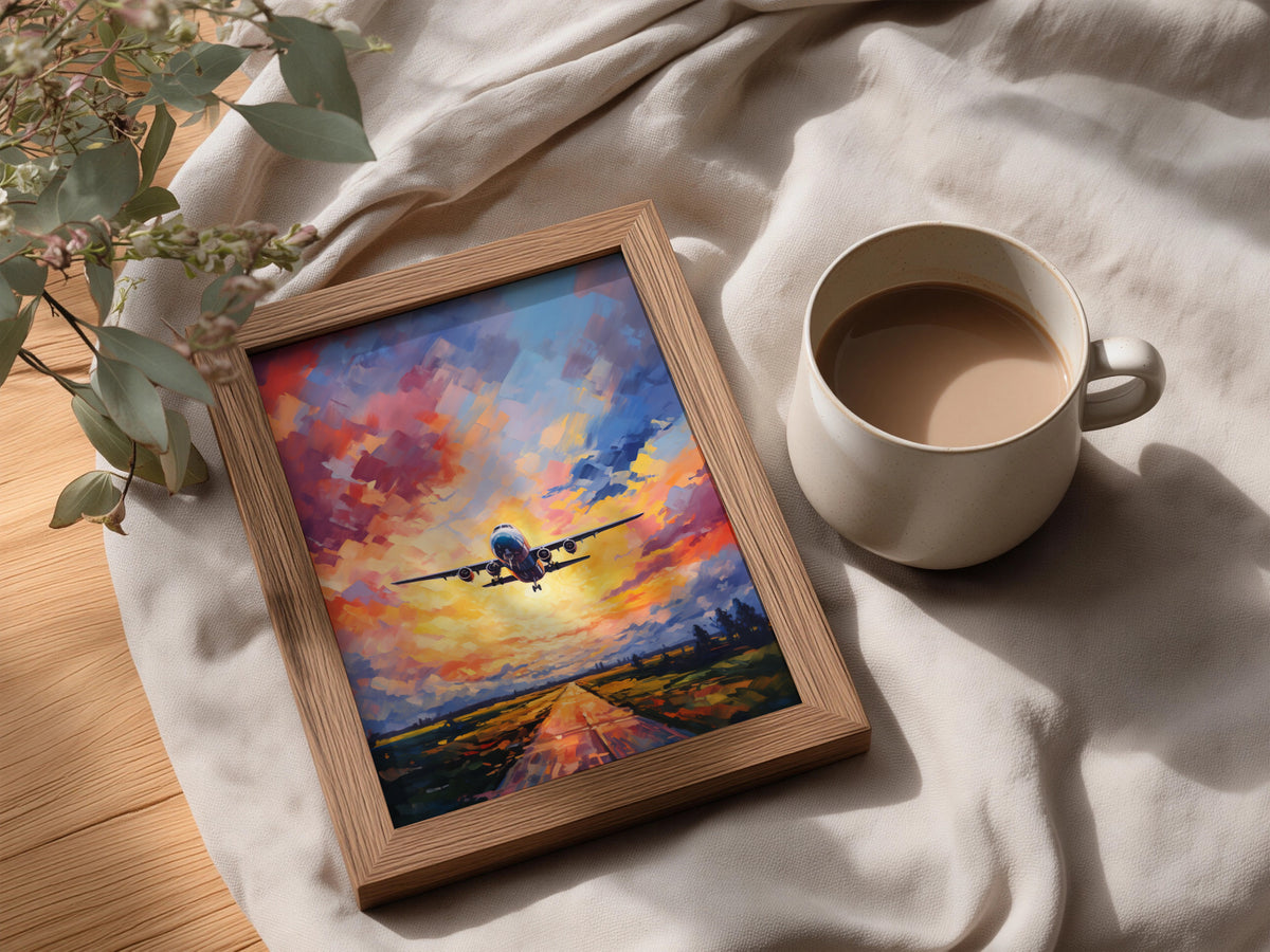 Airplane Sunset Poster, Aviation Wall Art, Colourful Oil Painting Print, Pilot Gift, Living Room — styling mockup 3