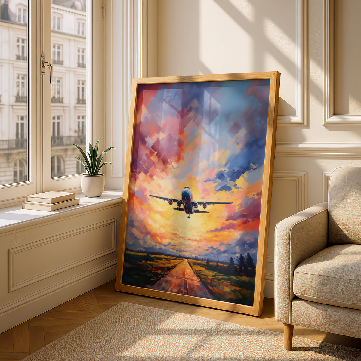 Airplane Sunset Poster, Aviation Wall Art, Colourful Oil Painting Print, Pilot Gift, Living Room — styling mockup 4