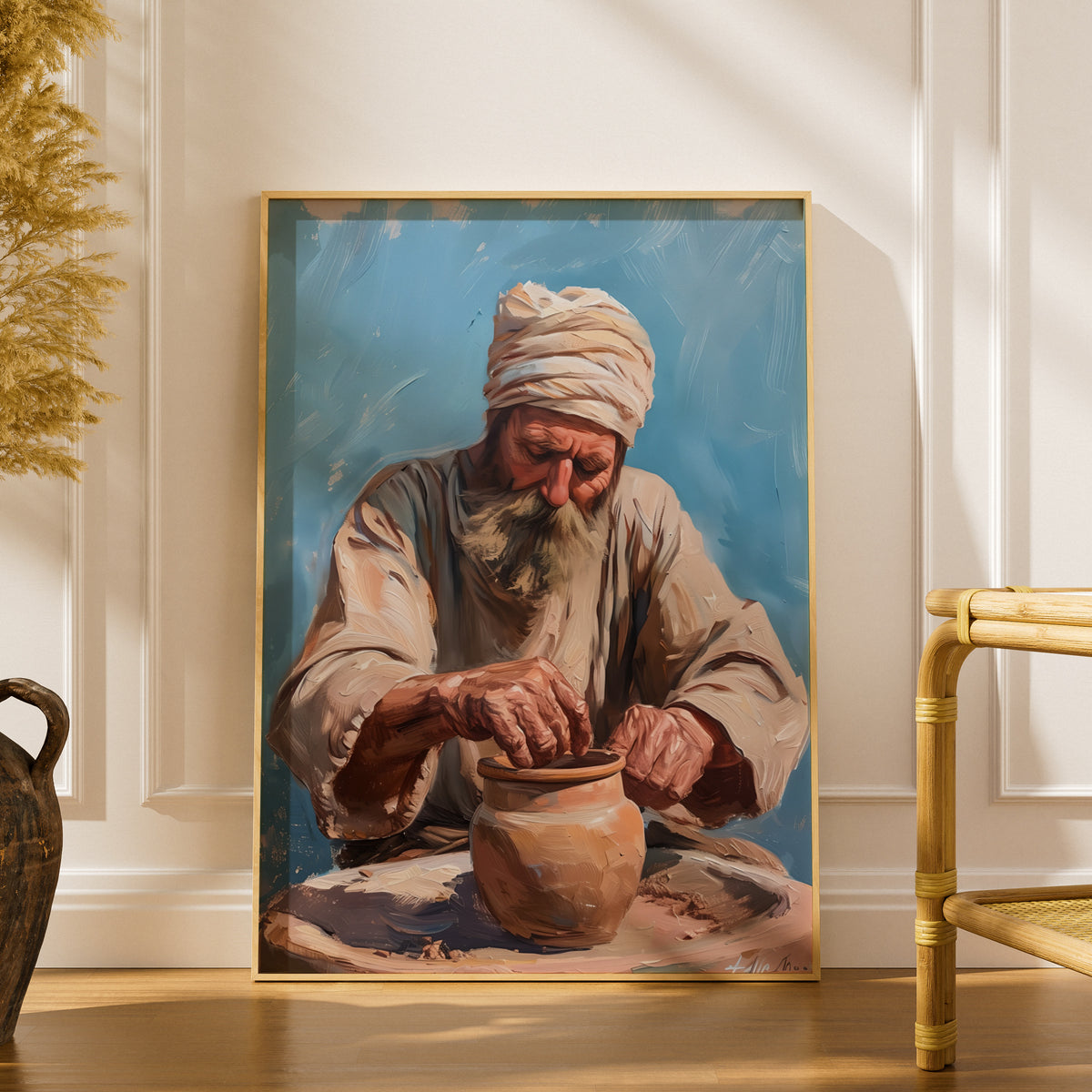 Potter at Work Oil Painting Print, Old Man Pottery Wall Art, Rustic Terracotta Blue Poster — styling mockup 1