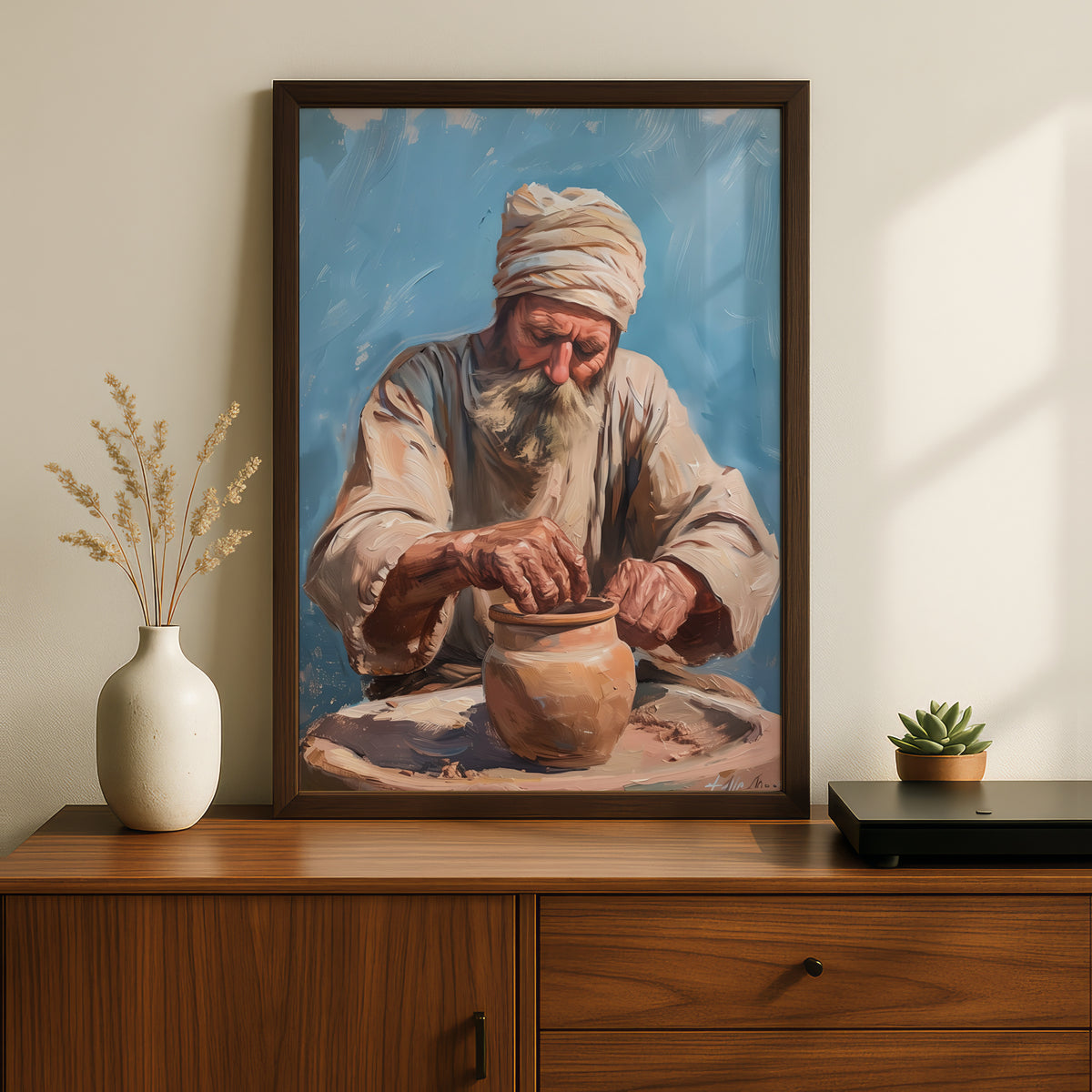 Potter at Work Oil Painting Print, Old Man Pottery Wall Art, Rustic Terracotta Blue Poster — styling mockup 2