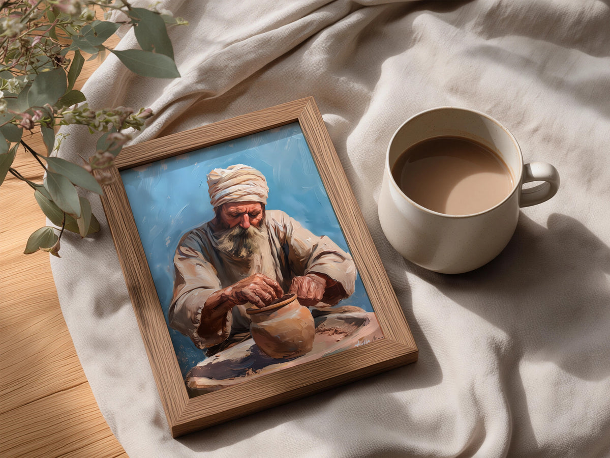 Potter at Work Oil Painting Print, Old Man Pottery Wall Art, Rustic Terracotta Blue Poster — styling mockup 3