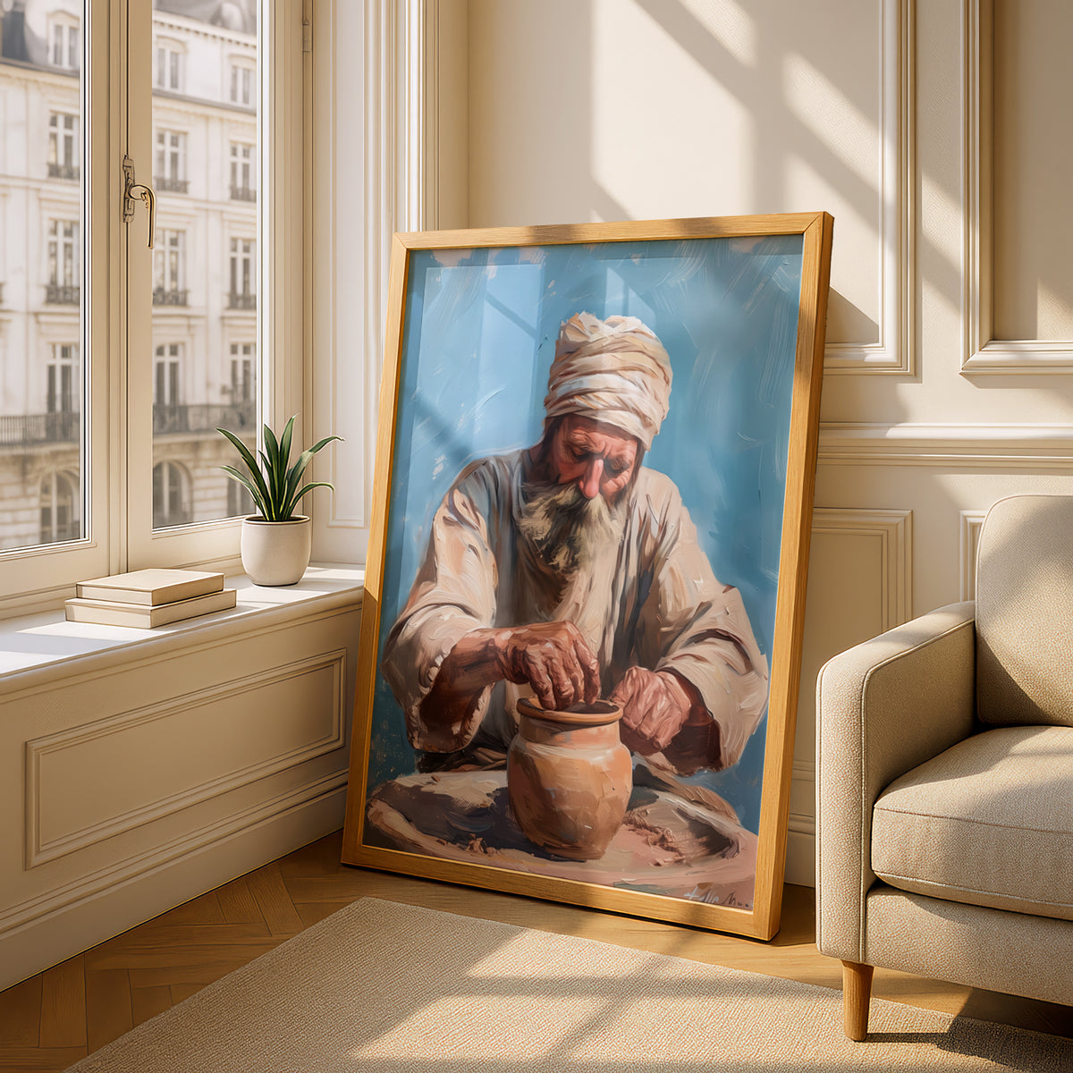 Potter at Work Oil Painting Print, Old Man Pottery Wall Art, Rustic Terracotta Blue Poster — styling mockup 4