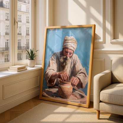 Potter at Work Oil Painting Print, Old Man Pottery Wall Art, Rustic Terracotta Blue Poster — styling mockup 4