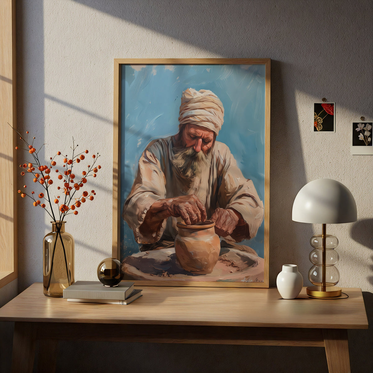 Potter at Work Oil Painting Print, Old Man Pottery Wall Art, Rustic Terracotta Blue Poster — styling mockup 5