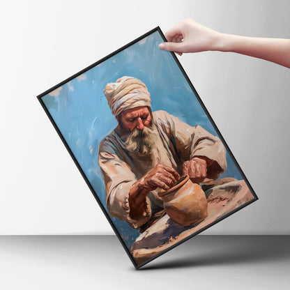 Potter at Work Oil Painting Print, Old Man Pottery Wall Art, Rustic Terracotta Blue Poster — styling mockup 6