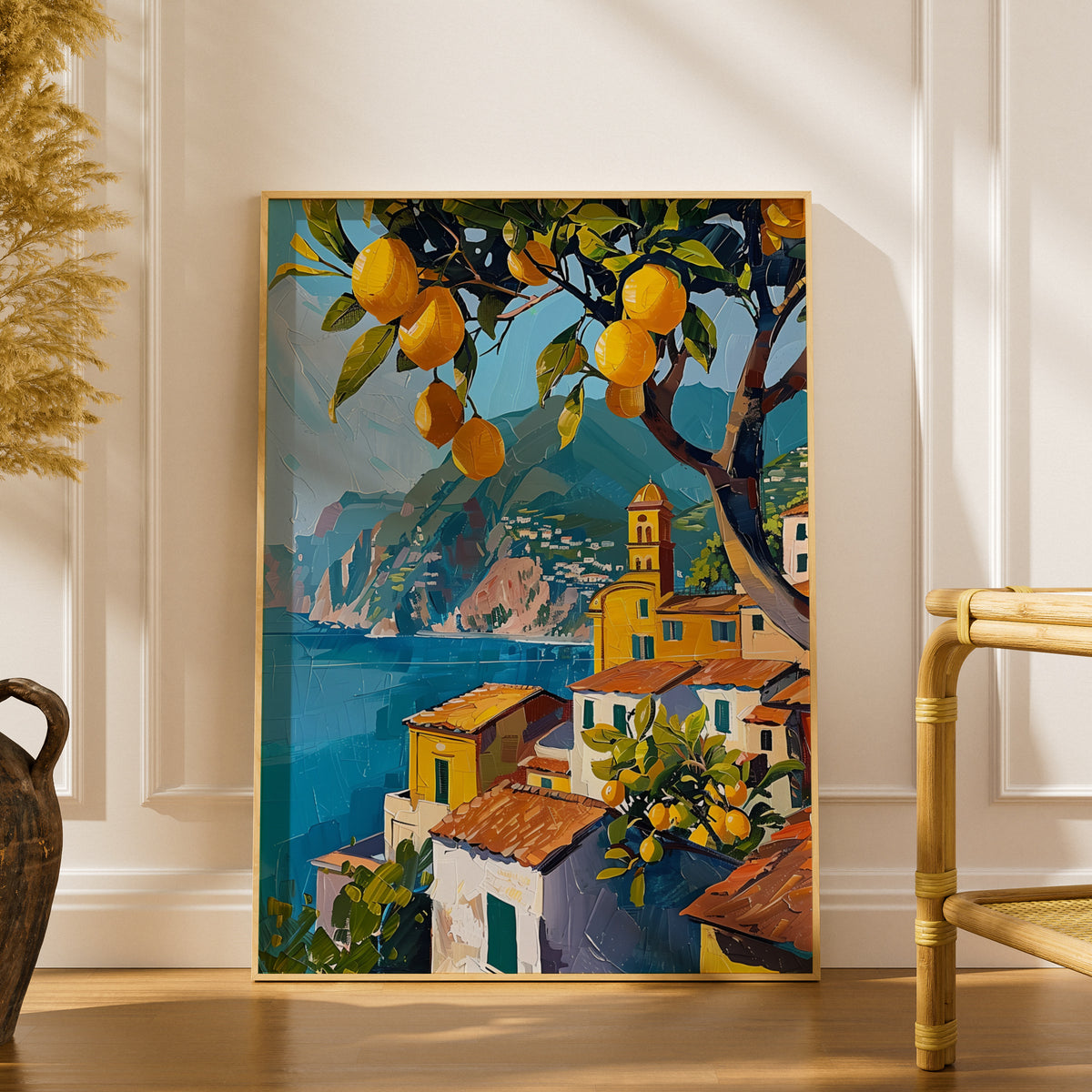 Amalfi Coast Lemon Tree Poster, Italian Coastal Wall Art Print, Mediterranean Seaside Village — styling mockup 1
