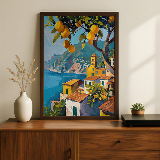 Amalfi Coast Lemon Tree Poster, Italian Coastal Wall Art Print, Mediterranean Seaside Village — styling mockup 2