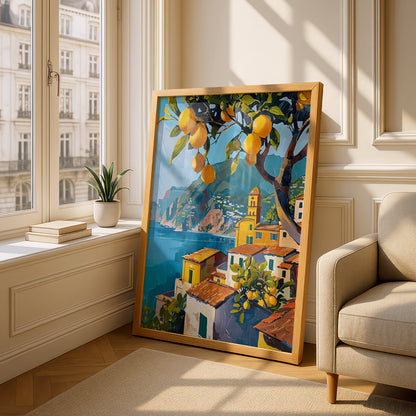 Amalfi Coast Lemon Tree Poster, Italian Coastal Wall Art Print, Mediterranean Seaside Village — styling mockup 4