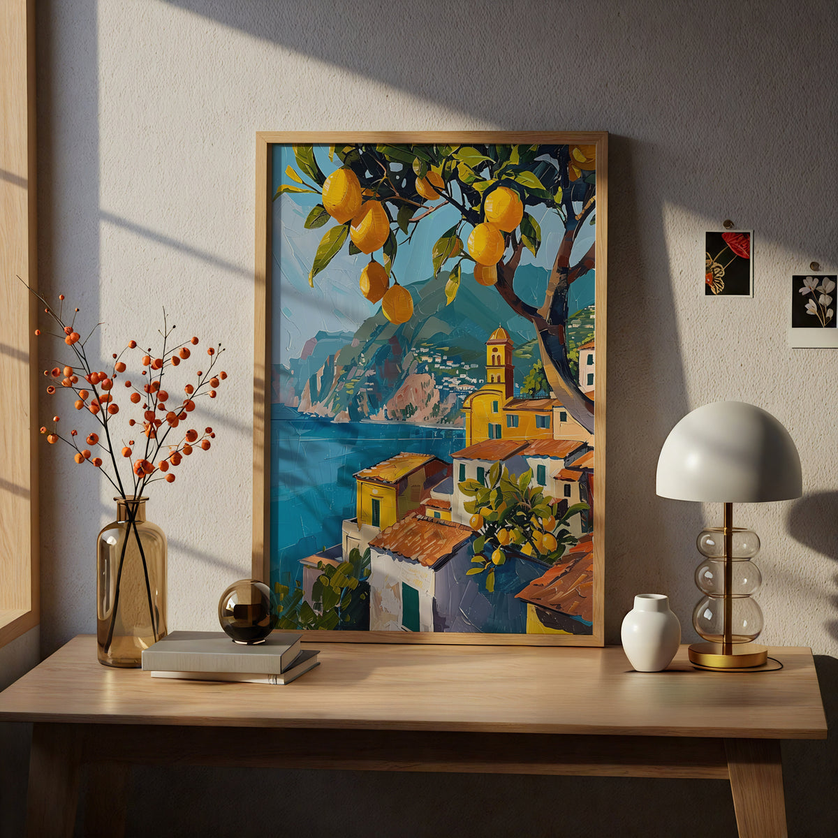 Amalfi Coast Lemon Tree Poster, Italian Coastal Wall Art Print, Mediterranean Seaside Village — styling mockup 5