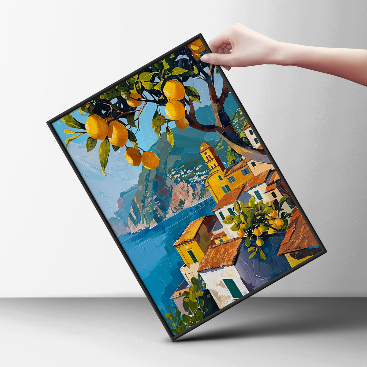 Amalfi Coast Lemon Tree Poster, Italian Coastal Wall Art Print, Mediterranean Seaside Village — styling mockup 6