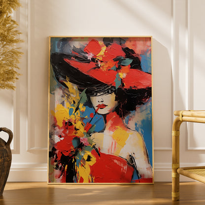 Woman in Red Hat Wall Art, Abstract Portrait Poster, Colourful Palette Knife Print, Living Room — styling mockup 1