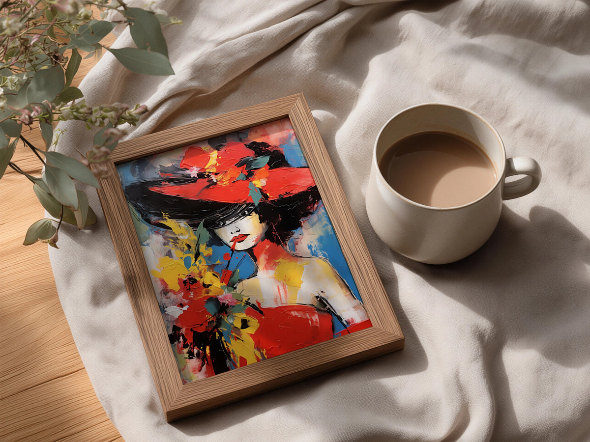 Woman in Red Hat Wall Art, Abstract Portrait Poster, Colourful Palette Knife Print, Living Room — styling mockup 3