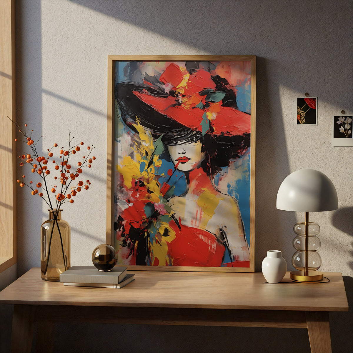 Woman in Red Hat Wall Art, Abstract Portrait Poster, Colourful Palette Knife Print, Living Room — styling mockup 5