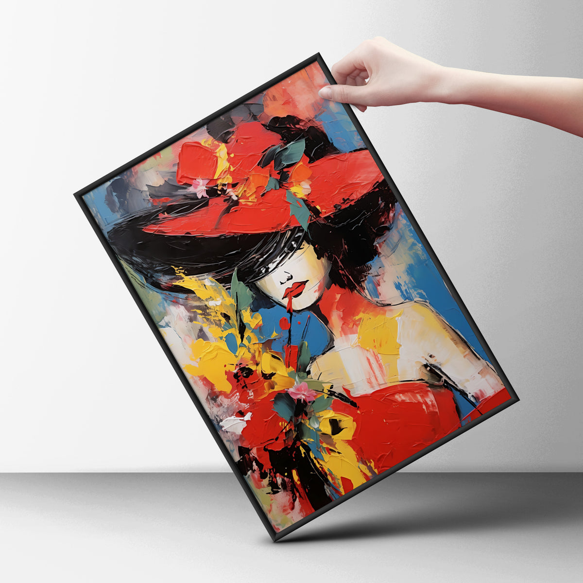 Woman in Red Hat Wall Art, Abstract Portrait Poster, Colourful Palette Knife Print, Living Room — styling mockup 6