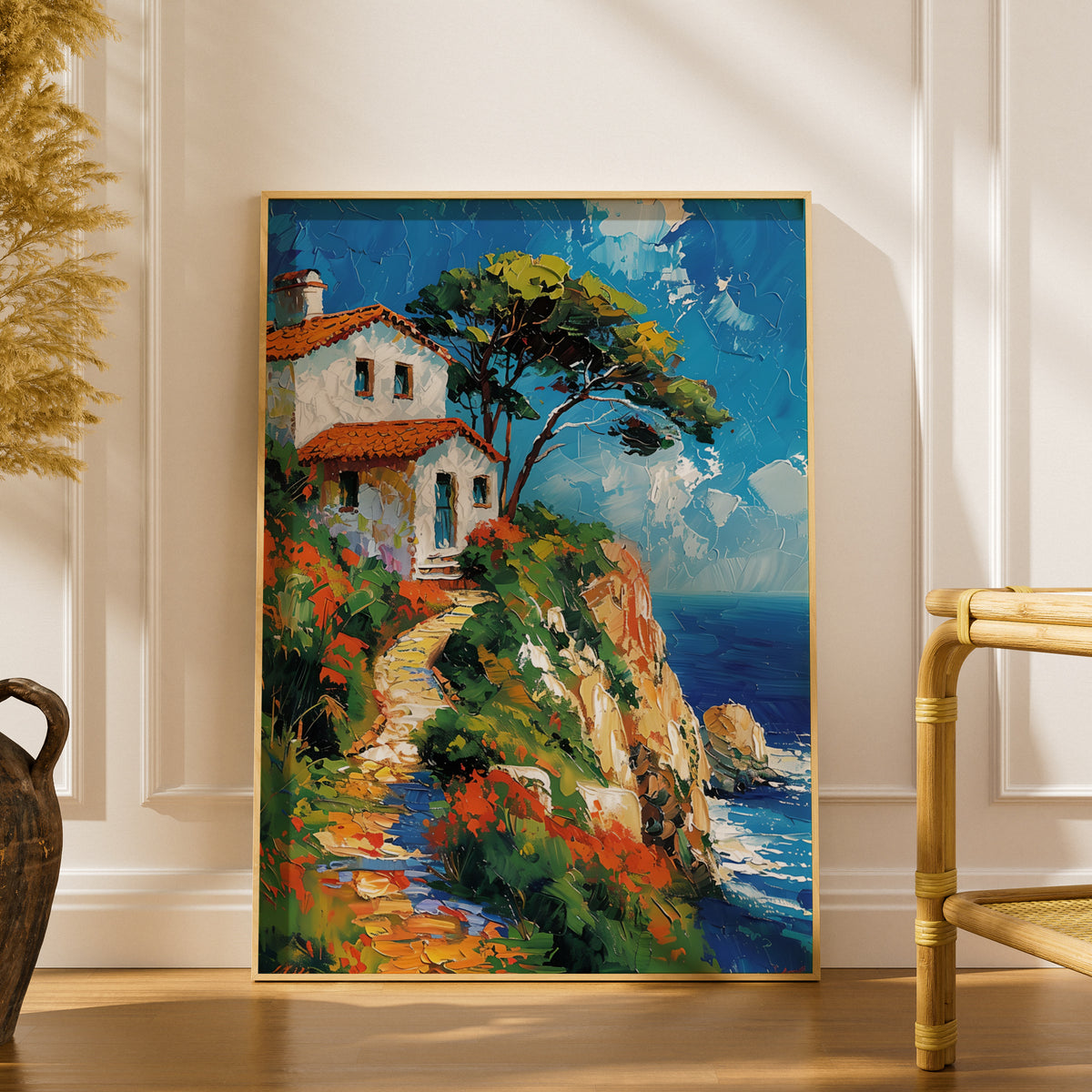 Mediterranean Coastal Cliff House Poster, Palette Knife Oil Painting Style Seaside Wall Art Print — styling mockup 1