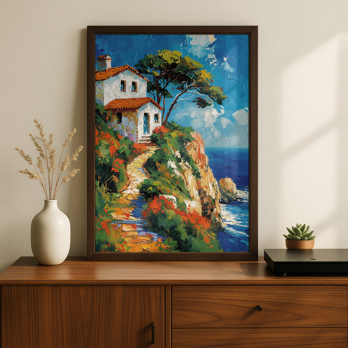 Mediterranean Coastal Cliff House Poster, Palette Knife Oil Painting Style Seaside Wall Art Print — styling mockup 2
