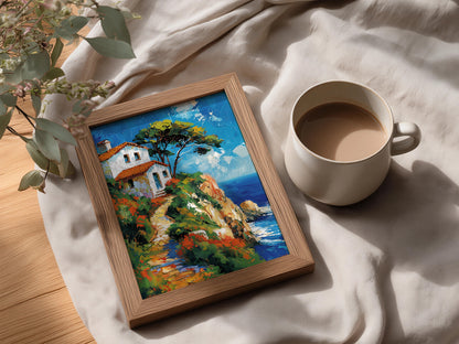 Mediterranean Coastal Cliff House Poster, Palette Knife Oil Painting Style Seaside Wall Art Print — styling mockup 3