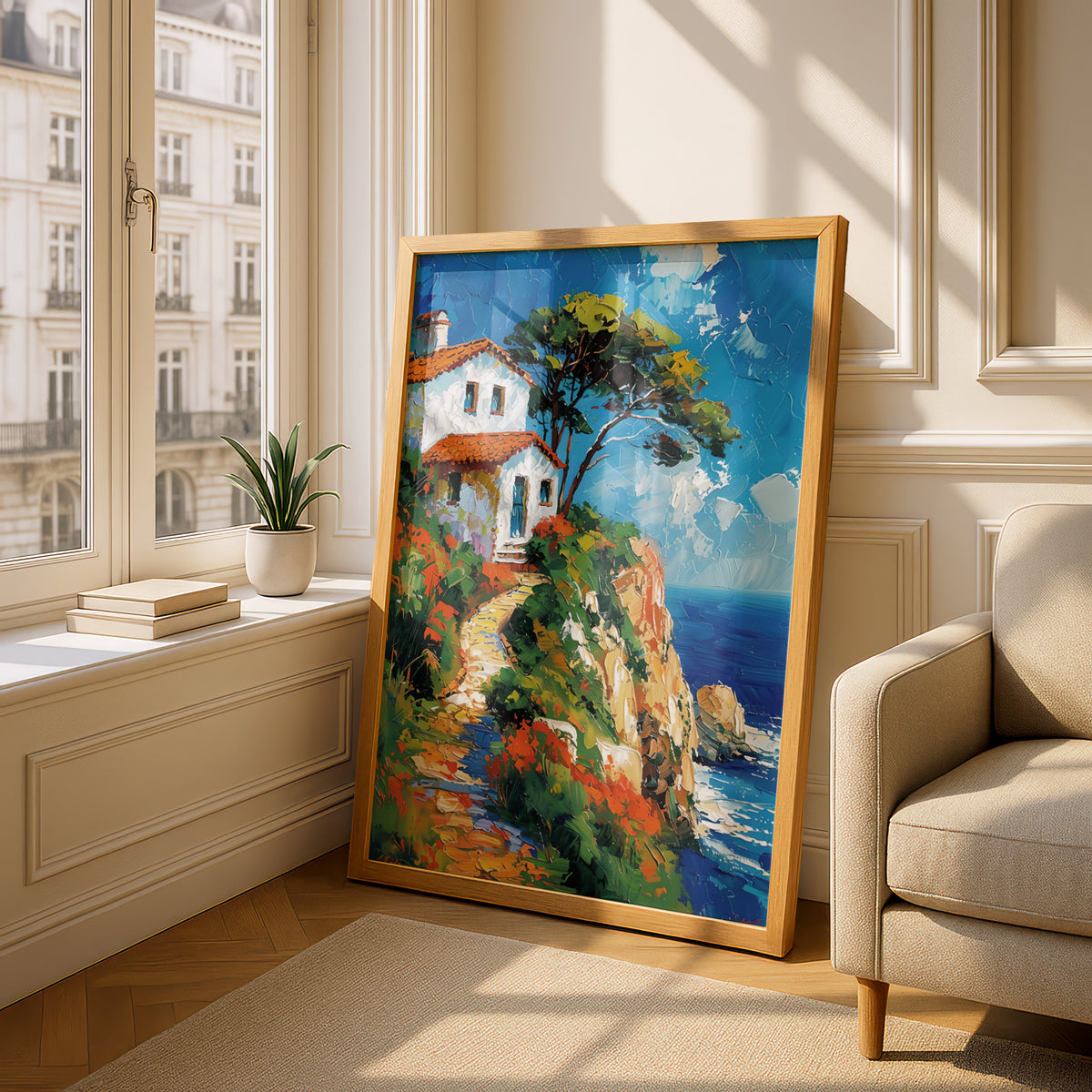 Mediterranean Coastal Cliff House Poster, Palette Knife Oil Painting Style Seaside Wall Art Print — styling mockup 4