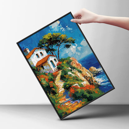 Mediterranean Coastal Cliff House Poster, Palette Knife Oil Painting Style Seaside Wall Art Print — styling mockup 6