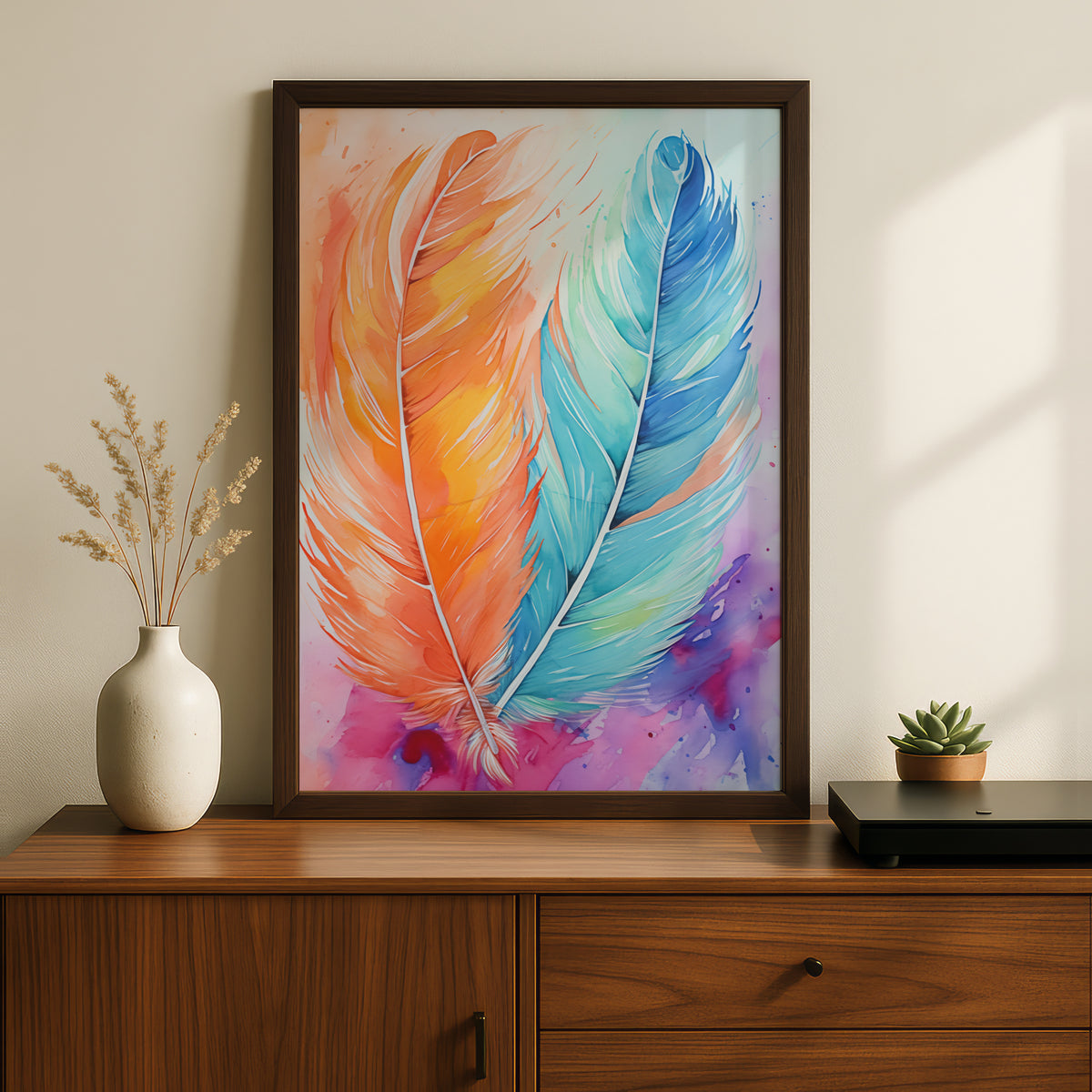 Watercolour Feather Poster, Orange and Turquoise Boho Wall Art, Colourful Bedroom Art Print — styling mockup 2