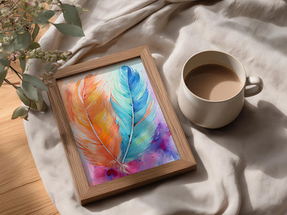 Watercolour Feather Poster, Orange and Turquoise Boho Wall Art, Colourful Bedroom Art Print — styling mockup 3