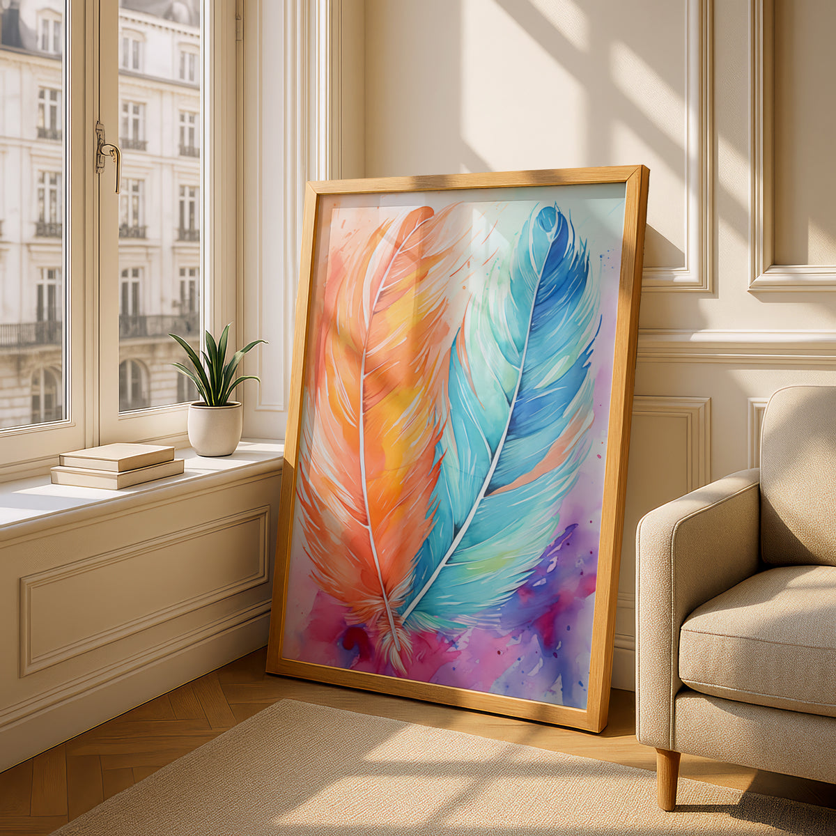 Watercolour Feather Poster, Orange and Turquoise Boho Wall Art, Colourful Bedroom Art Print — styling mockup 4