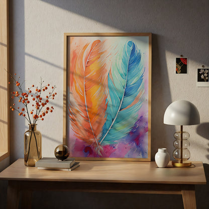 Watercolour Feather Poster, Orange and Turquoise Boho Wall Art, Colourful Bedroom Art Print — styling mockup 5