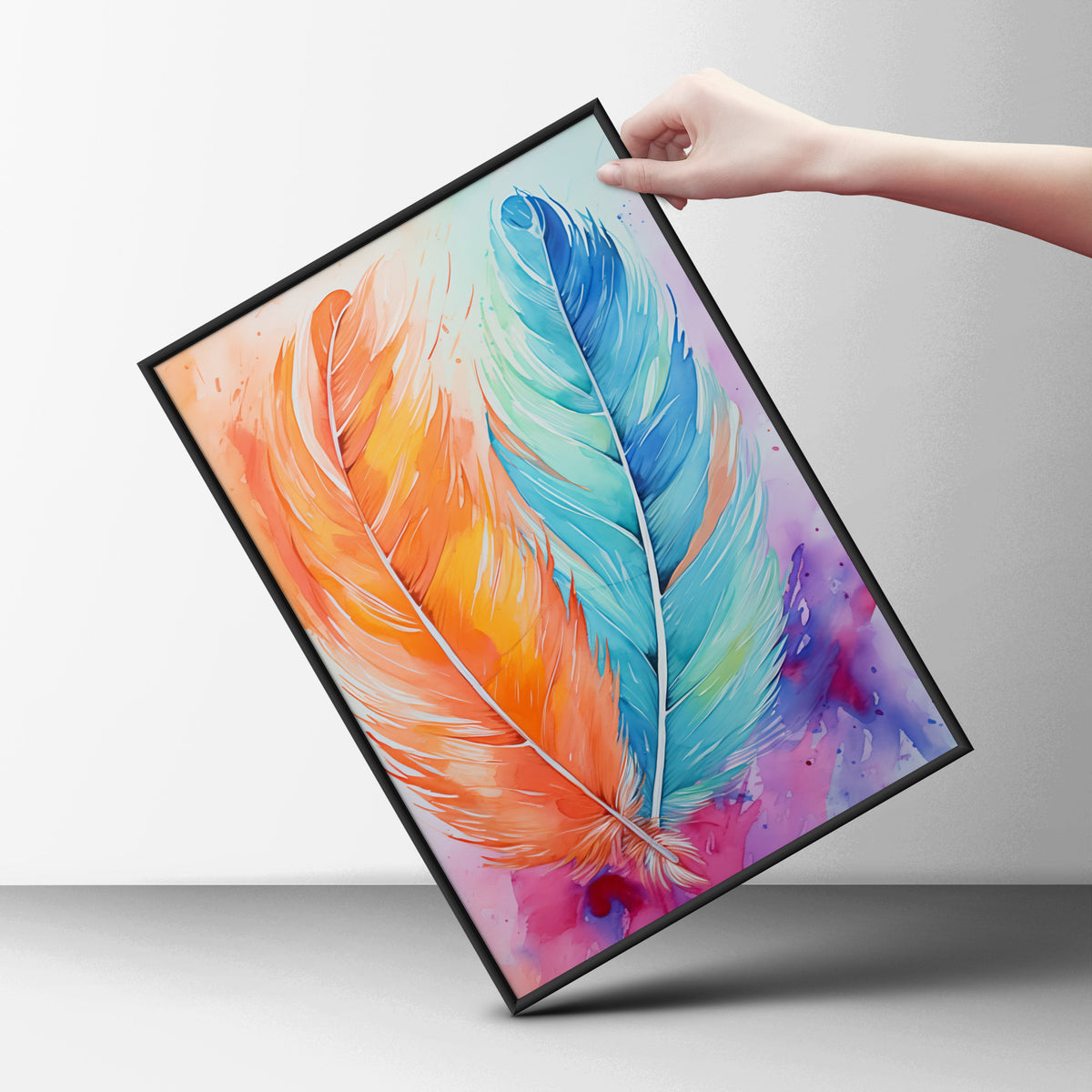 Watercolour Feather Poster, Orange and Turquoise Boho Wall Art, Colourful Bedroom Art Print — styling mockup 6