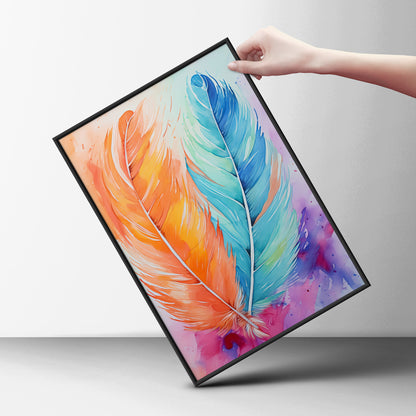 Watercolour Feather Poster, Orange and Turquoise Boho Wall Art, Colourful Bedroom Art Print — styling mockup 6