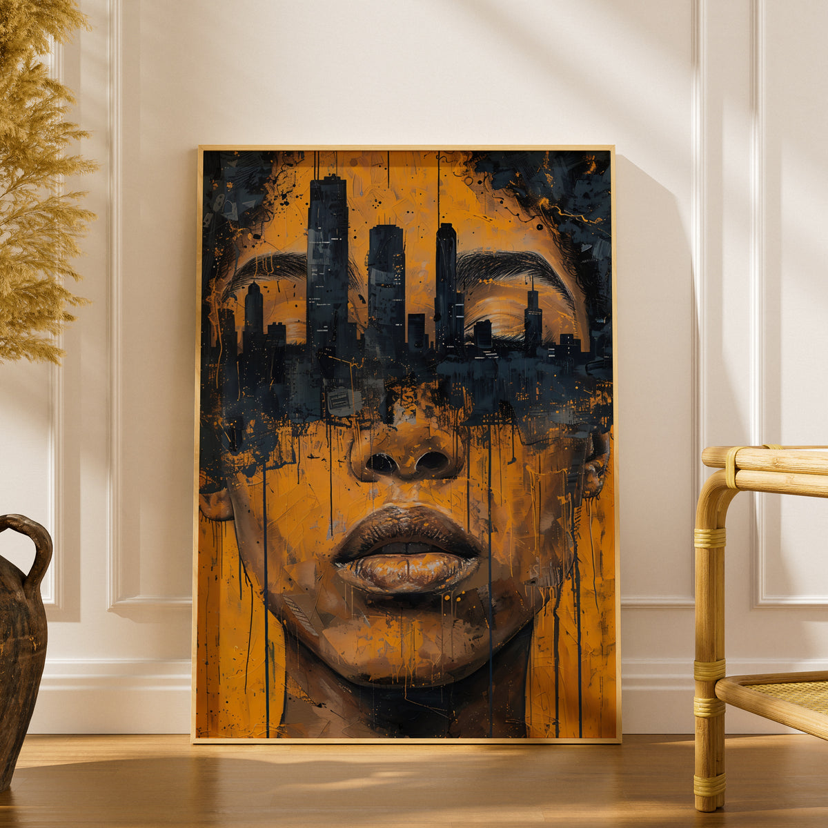 Urban Skyline Portrait Wall Art Poster, Mustard Yellow & Navy Graffiti Face Print for Living Room — styling mockup 1