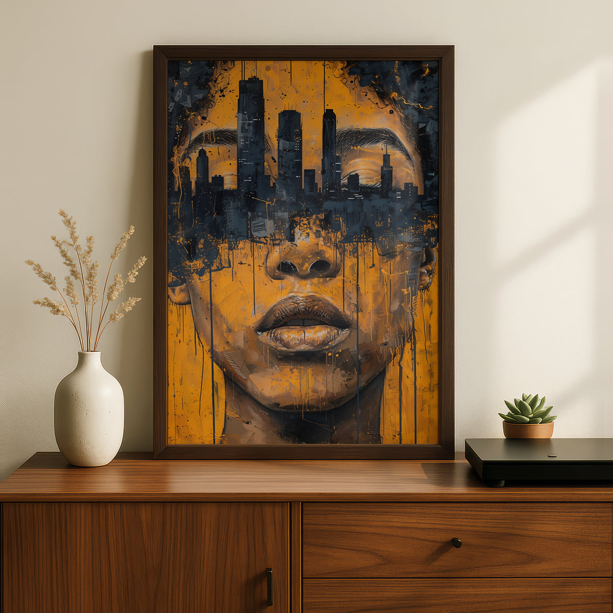 Urban Skyline Portrait Wall Art Poster, Mustard Yellow & Navy Graffiti Face Print for Living Room — styling mockup 2